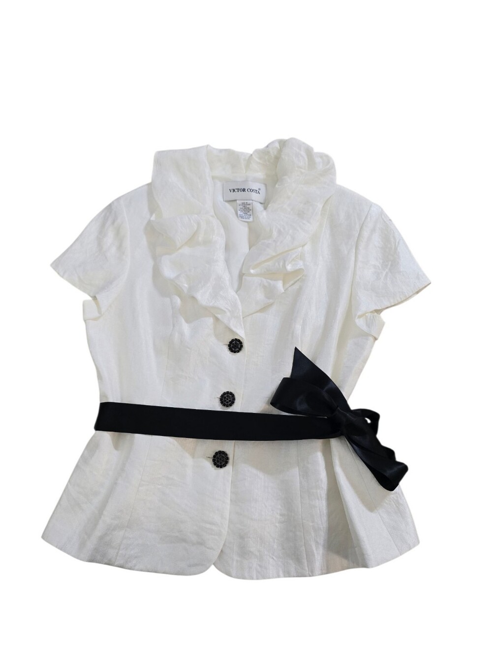 Victor Costa Size 10 Ivory Ruffle Jacket Black Bow Rhinestone Buttons Formal
